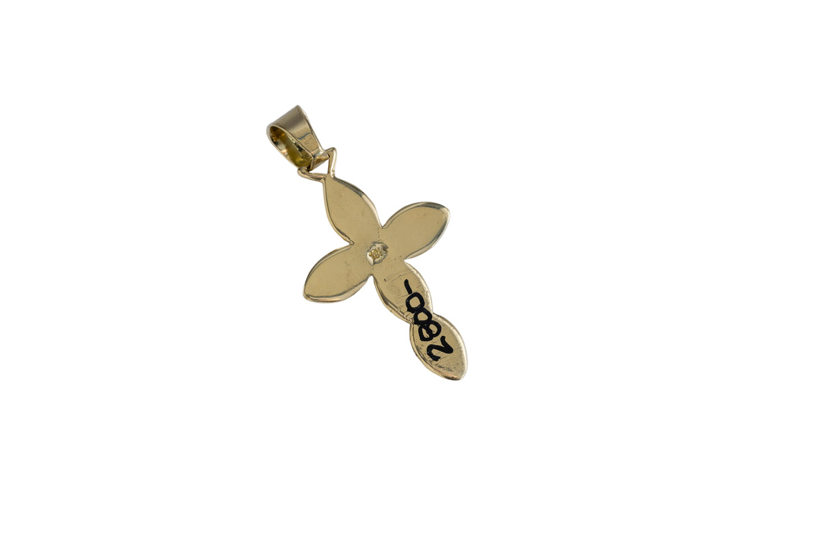 Back view of a full gold cross pendant on a light gray background