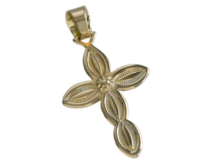 Full gold cross pendant on a light gray background