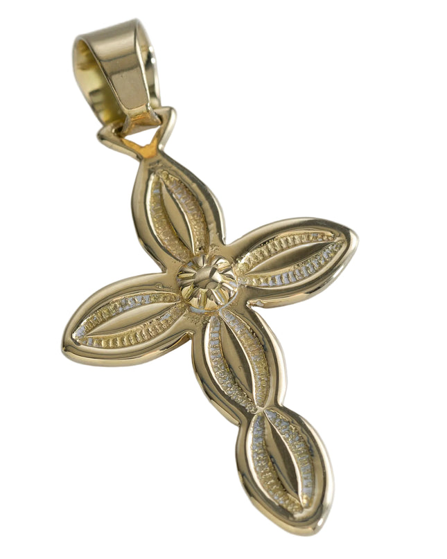 Full gold cross pendant on a light gray background