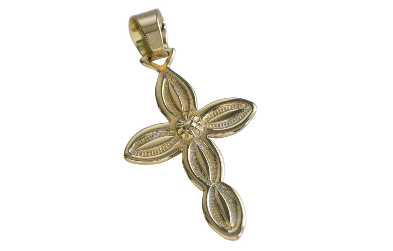 Full gold cross pendant on a light gray background