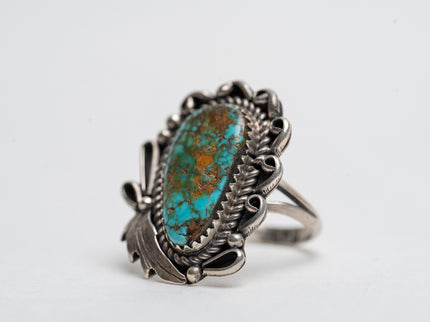 Vintage Old Fashioned Silver Leaf Turquoise Ring