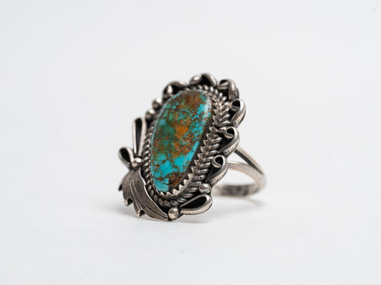 Vintage Old Fashioned Silver Leaf Turquoise Ring