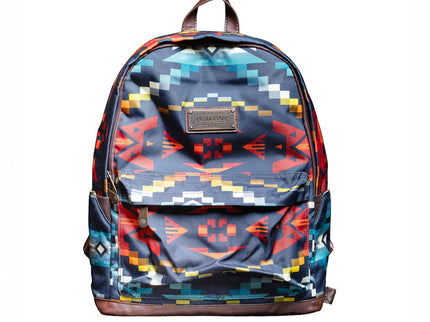 Backpack with a colorful Pendleton pattern of blue, red, and yellow on a white background
