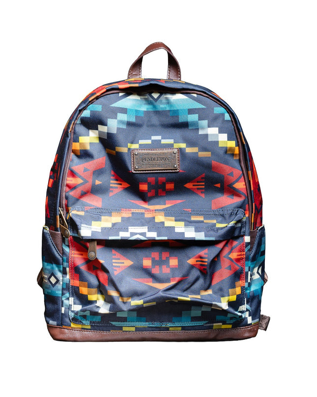 Backpack with a colorful Pendleton pattern of blue, red, and yellow on a white background