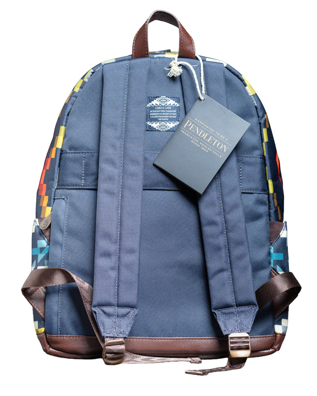 Back view of backpack showing blue and brown straps and Pendleton tag