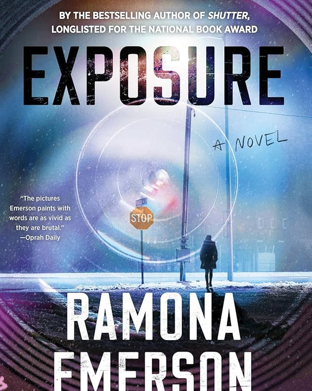 Book Cover for Exposure by Romana Emerson. Dramatic pictures of girl walking alone in snow. Street post and stop sign 