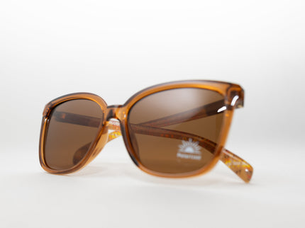 Brown sunglasses with a polarized visible sticker on a white background