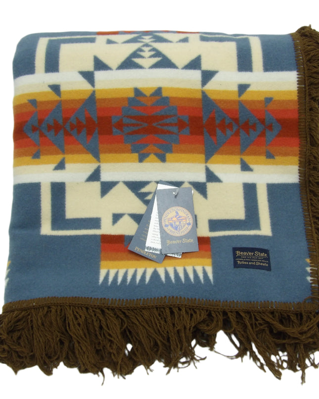 Pendleton Chief Joseph Blanket in Shale featuring a traditional Native American-inspired geometric pattern with arrow motifs, folded neatly to show intricate design and soft wool texture. front View 