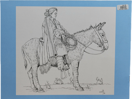 Pencil drawing of a Navajo women with a sheep riding a donkey on gray paper with blue border