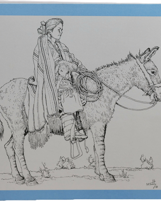 Pencil drawing of a Navajo women with a sheep riding a donkey on gray paper with blue border