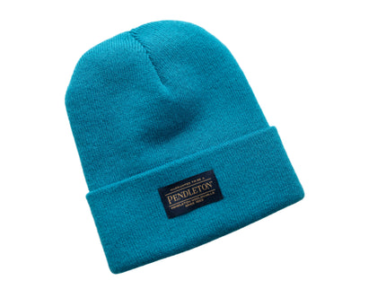 Teal beanie with Pendleton label on a white background