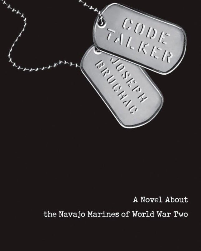 Book cover of 'Code Talker: A Novel About the Navajo Marines of World War Two' depicting two silver-colored metal neck grommets with the text 'CODE TALKER JOSEPH BRUCHAC'.