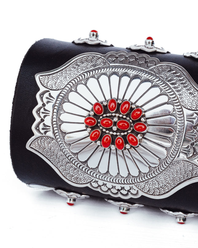 Black bow guard with silver and coral stones
