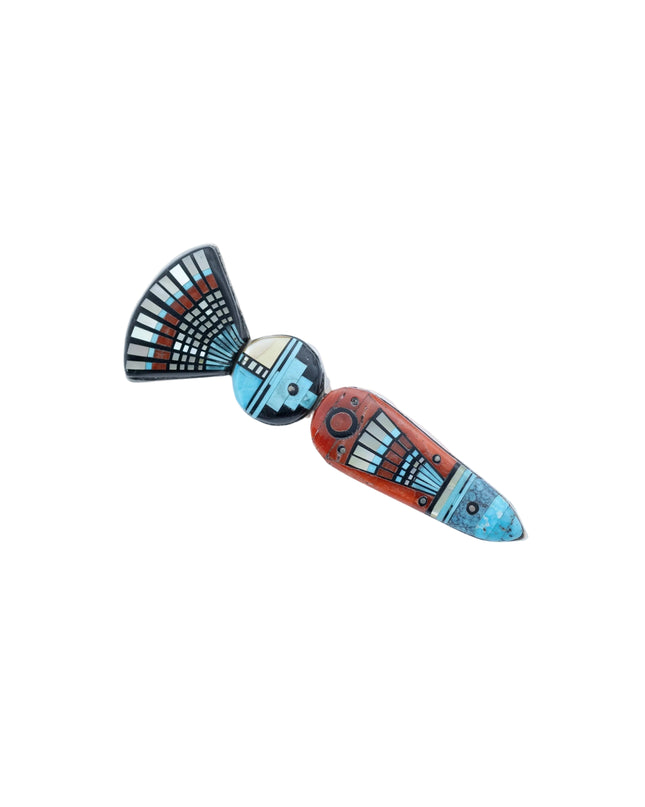 Turquoise Micro-Inlay "Yei" Silver Pin By Navajo Silversmith Ervin P. Tsosie