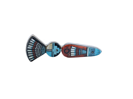 Turquoise Micro-Inlay "Yei" Silver Pin By Navajo Silversmith Ervin P. Tsosie