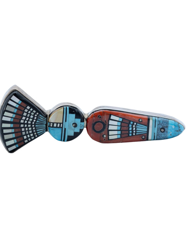 Turquoise Micro-Inlay "Yei" Silver Pin By Navajo Silversmith Ervin P. Tsosie