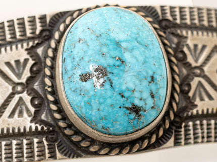 Close up of Kingman turquoise on a cuff