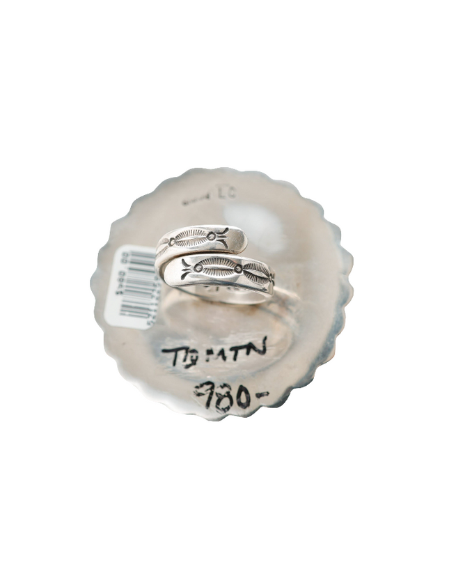 Close up of stamp work on the rind band of a sterling silver ring