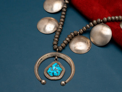 Matthew Charley Squash Blossom Necklace with Large Turquoise Stone