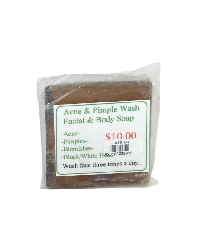 A bar of natural acne and pimple wash soap in clear plastic packaging with a label that includes the product name, price, and information that it helps with blackheads, blemishes, and acne.