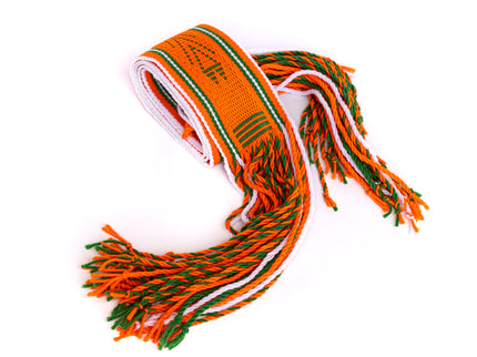 A woven Navajo orange sash belt with green and white stripes, featuring tassels at the ends.