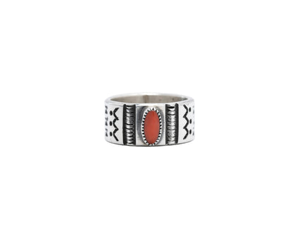 Sterling Silver Ring with Mediterranean Coral and Arrows by Navajo Silversmith Harrison Jim
