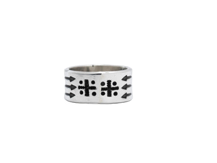 Sterling Silver Ring with Mediterranean Coral and Arrows by Navajo Silversmith Harrison Jim