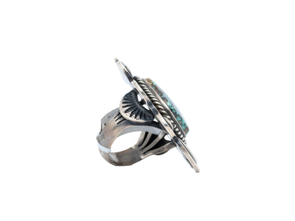 Silver Shadow Blow-Out design with Candelaria Turquoise By Navajo Silversmith Tommy Jackson