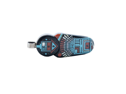 Colorful oval inlay pendant with Navajo deities