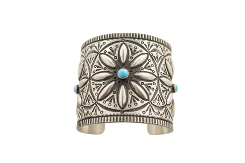 Navajo Herman Smith sterling silver cuff with three Beauty turquoise gemstones and hand-stamped patterns