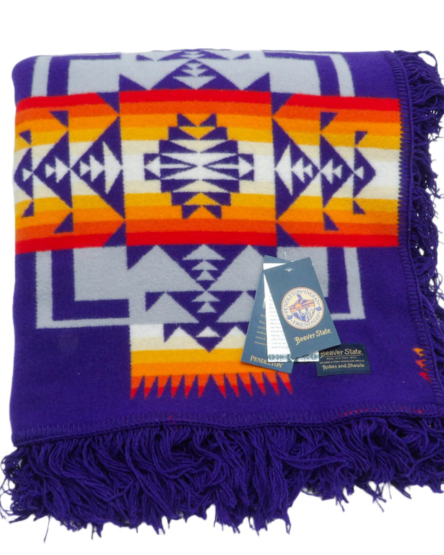 Pendleton Chief Joseph Blanket in purple featuring a traditional Native American-inspired geometric pattern with arrow motifs, folded neatly to show intricate design and soft wool texture. front View 