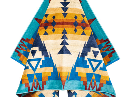 Colorful patterned fabric with geometric design on a white background