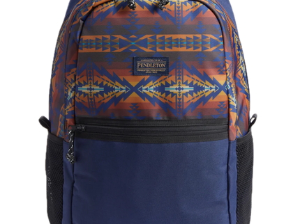 A navy-colored Pendleton Trapper Peak backpack with a geometric pattern in blue and orange on the side.