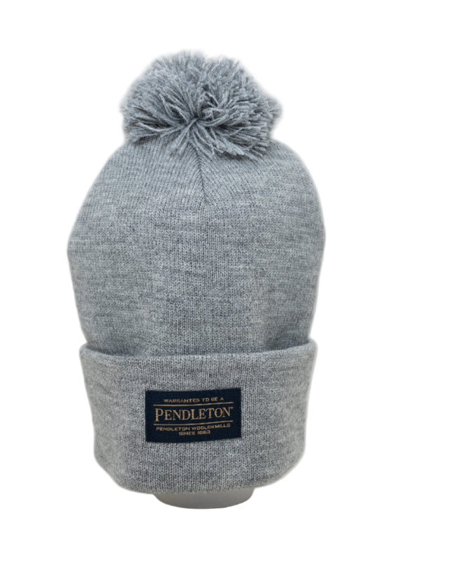 Pendleton grey knit beanie with pom-top on a white background