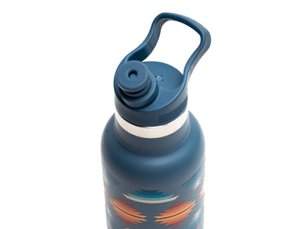 Close up of a blue water bottle and it's lid with a colorful design on a white background