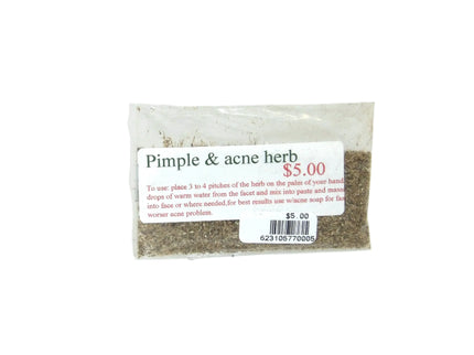 A package of Pimple & Acne Herb in a clear plastic bag with usage label