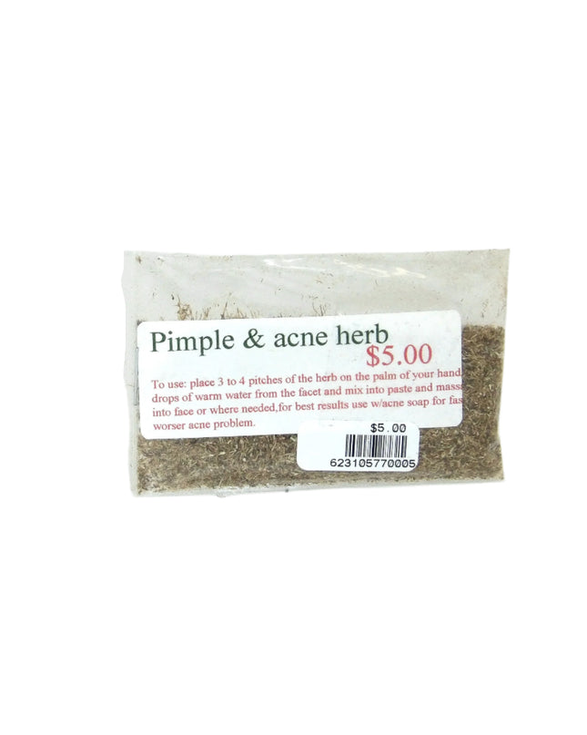 A package of Pimple & Acne Herb in a clear plastic bag with usage label