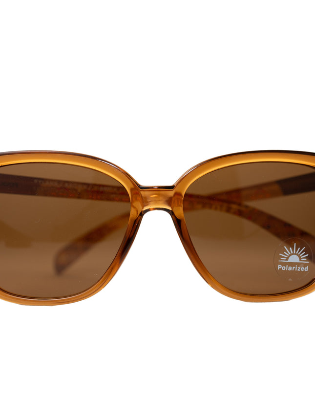 Brown sunglasses with a Polarized sticker  on a white background