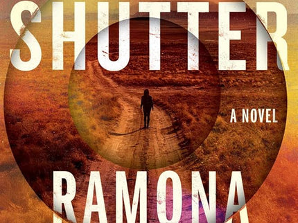 The image features the cover of the novel "Shutter" by Rita Todacheene. The cover design is striking with its vivid and darkly colored layers, forming a circle that encompasses the author's name and the title.