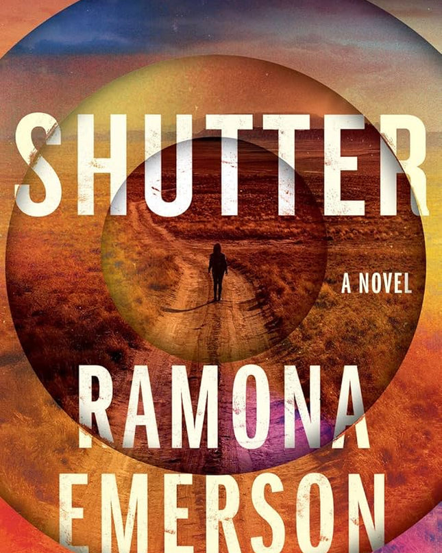 The image features the cover of the novel "Shutter" by Rita Todacheene. The cover design is striking with its vivid and darkly colored layers, forming a circle that encompasses the author's name and the title.