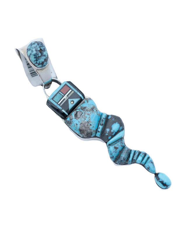 Turquoise and silver pendant shaped like a snake with a Navajo deity head on a white background