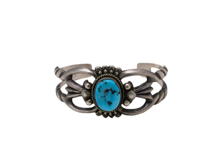 Vintage Cast Silver bracelet with a Sleeping Beauty Turquoise on a white background
