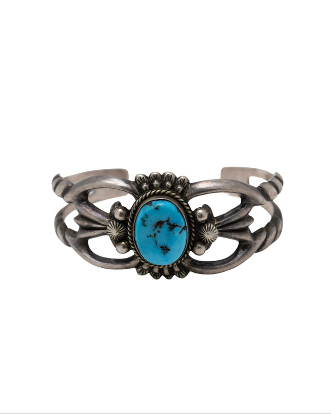 Vintage Cast Silver bracelet with a Sleeping Beauty Turquoise on a white background