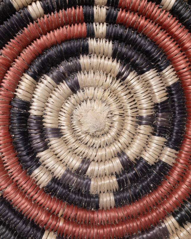 Close-up of a woven basket with concentric circle pattern in earthy tones.