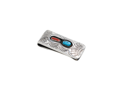 Sterling silver Navajo money clip with coral and turquoise stones  on a white background
