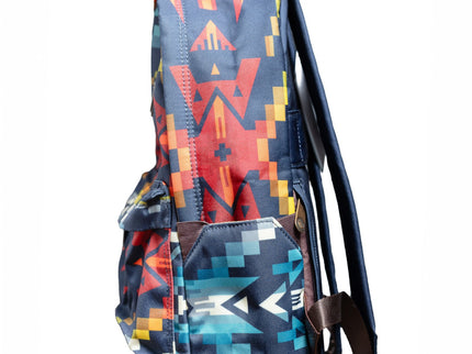Side view of Pendleton Backpack with colorful geometric pattern and straps on a white background
