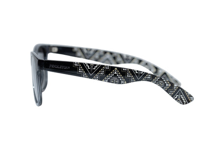 Sunglasses with oxbow patterned arm on a white background 