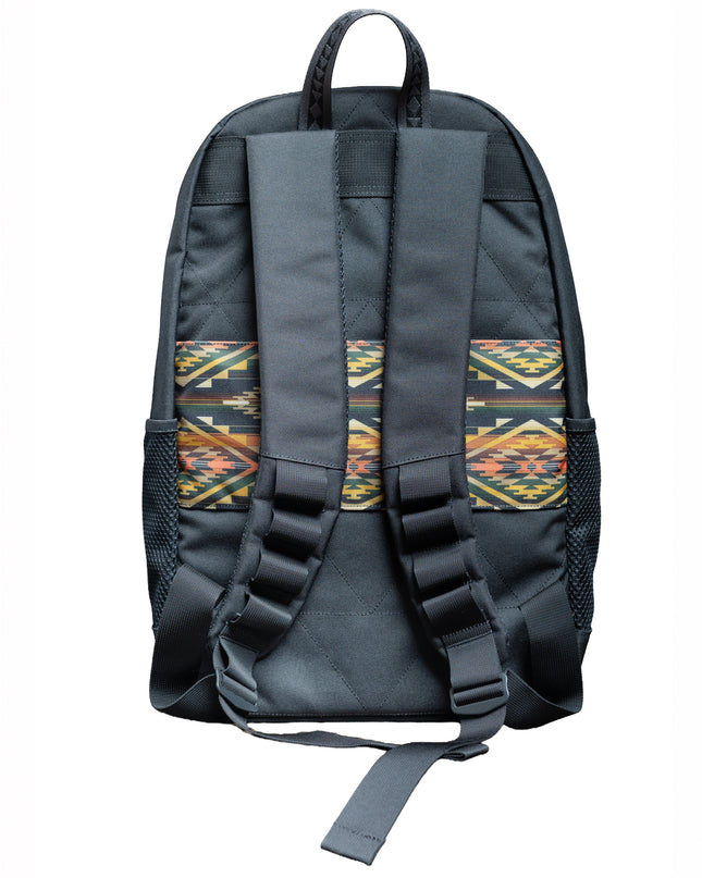 Black backpack with geometric pattern, back view, black adjustable shoulder straps on a white background