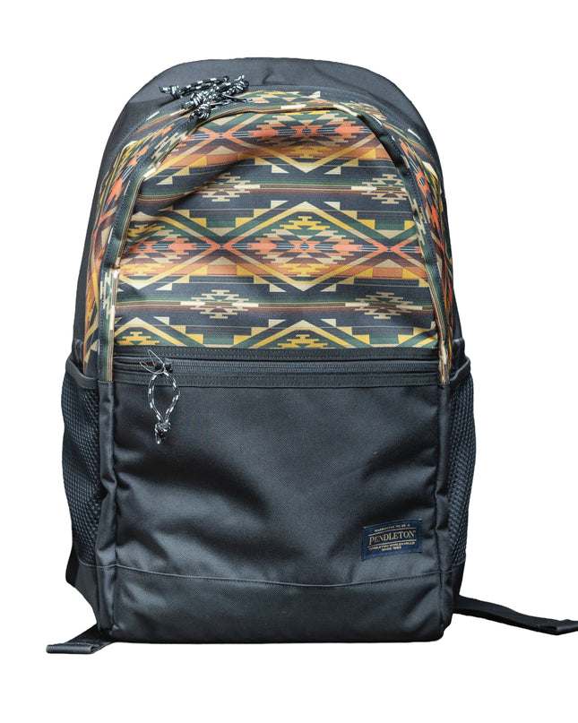 Black backpack with orange, yellow, green, and black geometric pattern on a white background.