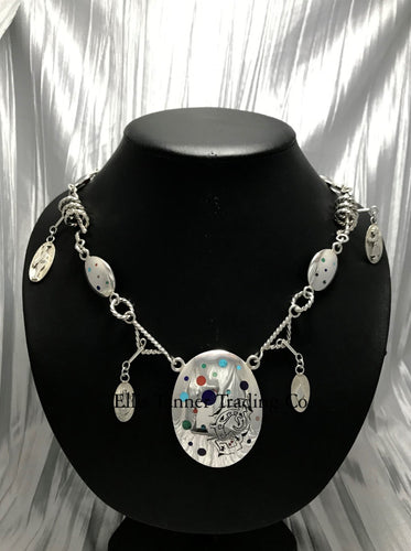 Benson Manygoats Silver Chain Inlayed Necklace front profile on necklace display. 